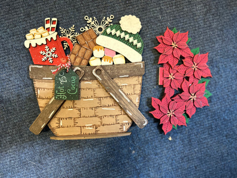 MDF finished sample, basket and inter changeable topper, poinsettias and hot cocoa