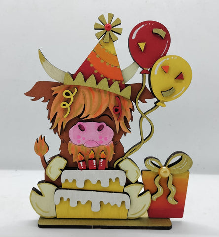 MDF Highland Cow with Cake, Balloons and Present