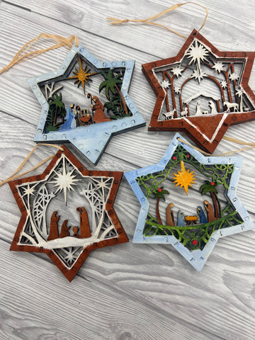 MDF layered nativity baubles, set of 4