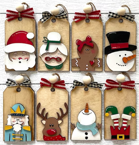 MDF Christmas Tags - Various designs - Snowman, Reindeer, Santa, Mrs CLaus, Gingerbread, Nutcracker, Elf