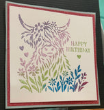 Happy Birthday Highland Cow stencil in flowers