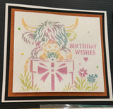 Highland Cow Birthday Wishes with gift box