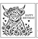 Happy Birthday Highland Cow stencil in flowers