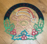 MDF Christmas wreath kits, highland cow, merry Christmas tree and happy holidays tree