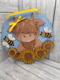 MDF Highland Cow Bee Sunflowers Plaque