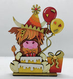 MDF Highland Cow with Cake, Balloons and Present