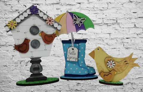 MDF Spring Bundle - Umbrella , Wellington, birds  and Birdhouse