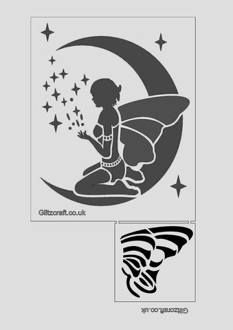 Fairy sitting on the moon with moon dust/twinkles stencil for card making and crafts