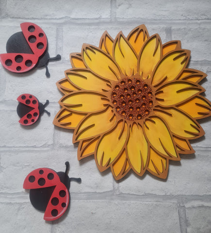 MDF layered sunflower and ladybugs