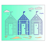 Stencil  3 Huts on a beach with clouds, seagulls and seaweed.