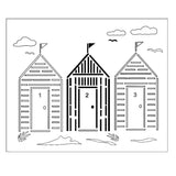 Beach Hut Stencil by Glitzcraft – 3 Huts on a beach with clouds, seagulls and seaweed. Durable Mylar Stencil  -  view 2