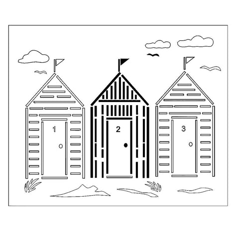 Beach Hut Stencil by Glitzcraft – 3 Huts on a beach with clouds, seagulls and seaweed. Durable Mylar Stencil  -  view 2