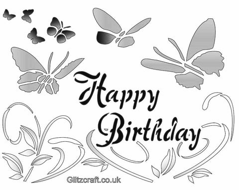 Happy Birthday stencil with butterflies Mylar Stencil