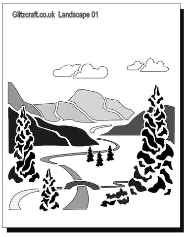 Landscape Stencil with valley mountains and trees