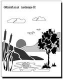 Landscape stencil with water, tree, bullrushes, sun