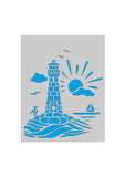 Stencil of a lighthouse with waves, cloud, sun, boat and bird - Reusable Mylar stencils