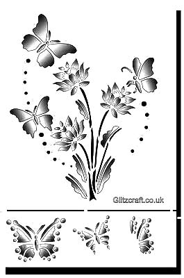 Stencil of three butterflies and flowers for crafts and card making