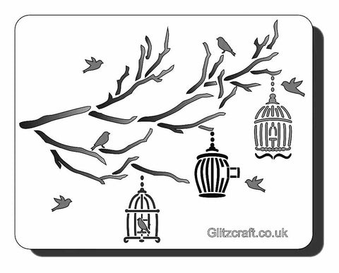 Bird cages in tree stencil for cards and crafts