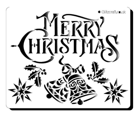 Christmas bells for cards and crafts  Stencil shows images of bells, holly and snowflakes below text that reads reads "Merry Christmas"