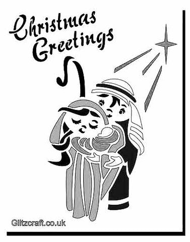 Religious Christmas Stencil - Text reads 'Christmas Greetings' with image of Mary holding baby Jesus and Joseph standing behind her, with a star shining on both of them.