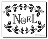 Stencil with Holly and text reads NOEL for Christmas cards and Crafts