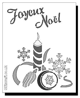Joyeux Noel with Candle, baubles and snowflake Stencil for Christmas Cards and Crafts