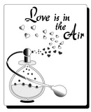 Stencil with a vintage perfume bottle.   Stencil with a vintage perfume bottle with pump spray,  spraying love hearts into the air and the text 'Love is in the Air ' .