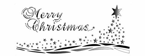 Merry Christmas with stars stencil - Text reads 'Merry Christmas' with image of stars travelling across a landscape creating a tree shape.