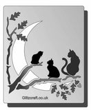 This Feline themed stencil features three cats sitting on tree branch with a moon in the background.