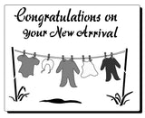 Stencil for New baby - image of baby clothes on wasing line - text reads Congratulations on your New Arrival