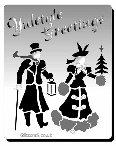 Yuletide Greetings stencil - Text reads 'Yuletide Greetings' with image of a victorian lady and gentleman holding a lantern wearing victorian clothing.