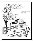 Stencil of a water mill next to a house, with a tree and stream by Glitzcraft