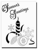 Christmas Stencil for Christmas cards and crafts  Text reads 'Season's Greetings' with snowflakes and baubles.