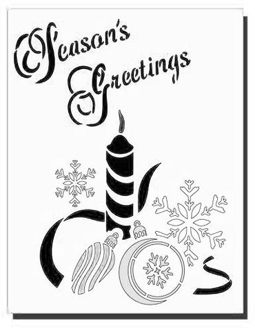 Christmas Stencil for Christmas cards and crafts  Text reads 'Season's Greetings' with snowflakes and baubles.