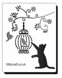 This Feline themed stencil features a cat sitting in next to a bird cage with paw up trying to catch the birds, one bird has flown out of the cage.