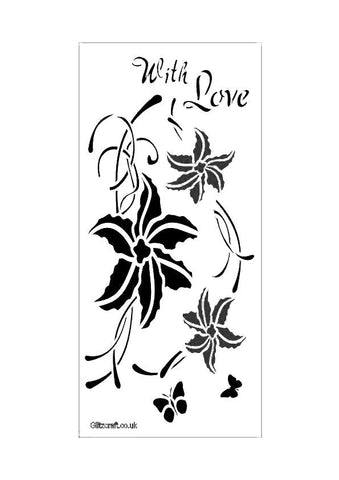 A DL format stencil with three clematis flowers, two butterflies and the text reads "With Love".