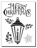 Christmas stencil reads Merry Christmas with image of a candle in a lantern