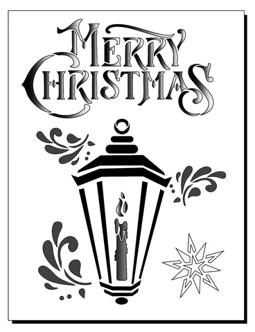 Christmas stencil reads Merry Christmas with image of a candle in a lantern