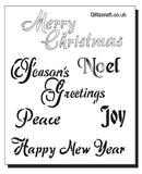 Christmas stencil for Christmas cards and crafts  Titles read 'Merry Christmas', 'Seasons Greetings', 'Peace' , 'Happy New Year' and 'Joy'.