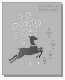 Stencil of a reindeer leaping across the sky with stars for Christmas cards and crafts