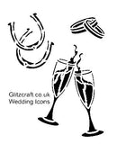 Stencil of wedding icons, horse shoes wedding rings and glasses of champagne