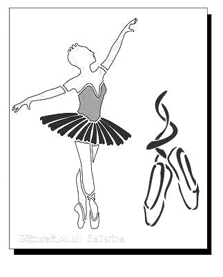 Stencil of a Ballerina on tiptoes with one arm up, and ballet shoes