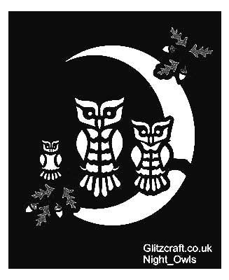 Stencil of 3 Night owls on a branch with the moon behind - Mylar stencil by Glitzcraft