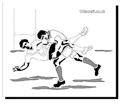 Mylar stencil of Rugby players tackling 