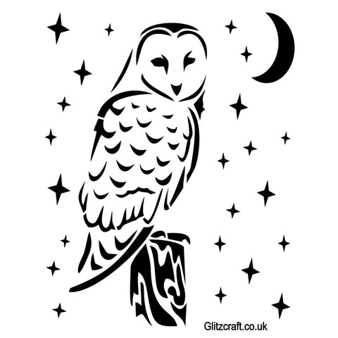 Stencil of Owl on perch at night with moon and stars - Mylar stencil 