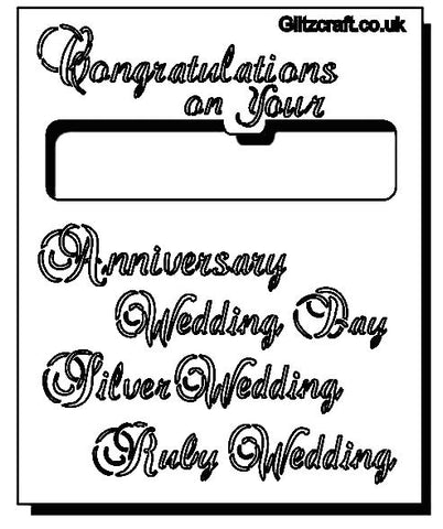 Stencil of Wedding Titles text reads  congratulations on your  .. Anniversary .. Wedding Day .. Silver Wedding ... Ruby Wedding ..