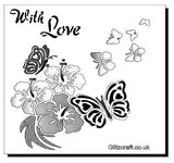 Stencil with  flowers and butterflies and text reads 'With Love'