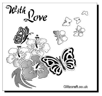 Stencil with  flowers and butterflies and text reads 'With Love'