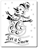 Image of Snowman with carrot eyes, scarf and hat. The text reads "Let it Snow"