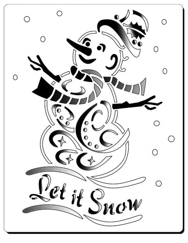 Image of Snowman with carrot eyes, scarf and hat. The text reads "Let it Snow"